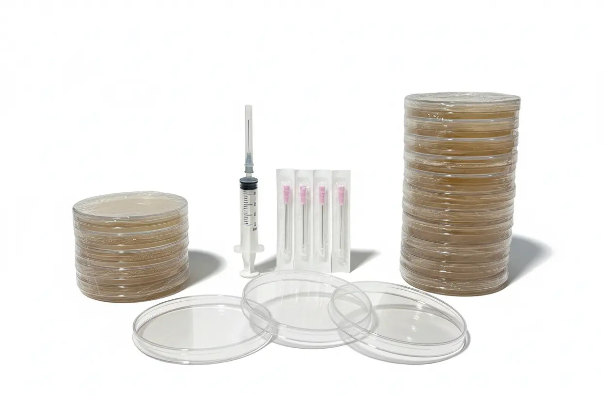 Mushroom growing supplies: sterile syringes, agar plates and petri dishes for contamination-free cultivation - Freshrooms