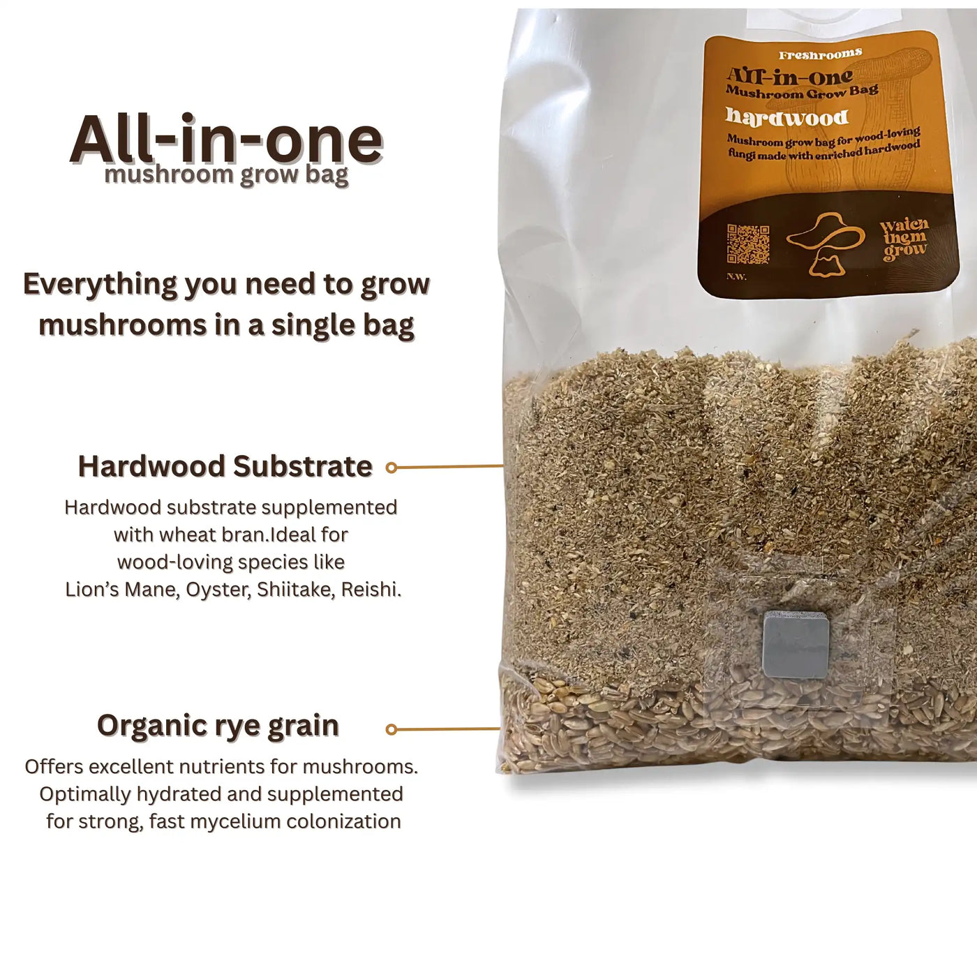 Hardwood  All-In-One Mushroom Grow Bag - Organic Rye Grain and Hardwood Substrate