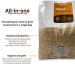 Bolsa de cultivo de setas todo en uno de madera dura - Especies que prefieren la madera - Kit de cultivo estéril - Serrín de madera dura suplementado + Grano de centeno orgánico