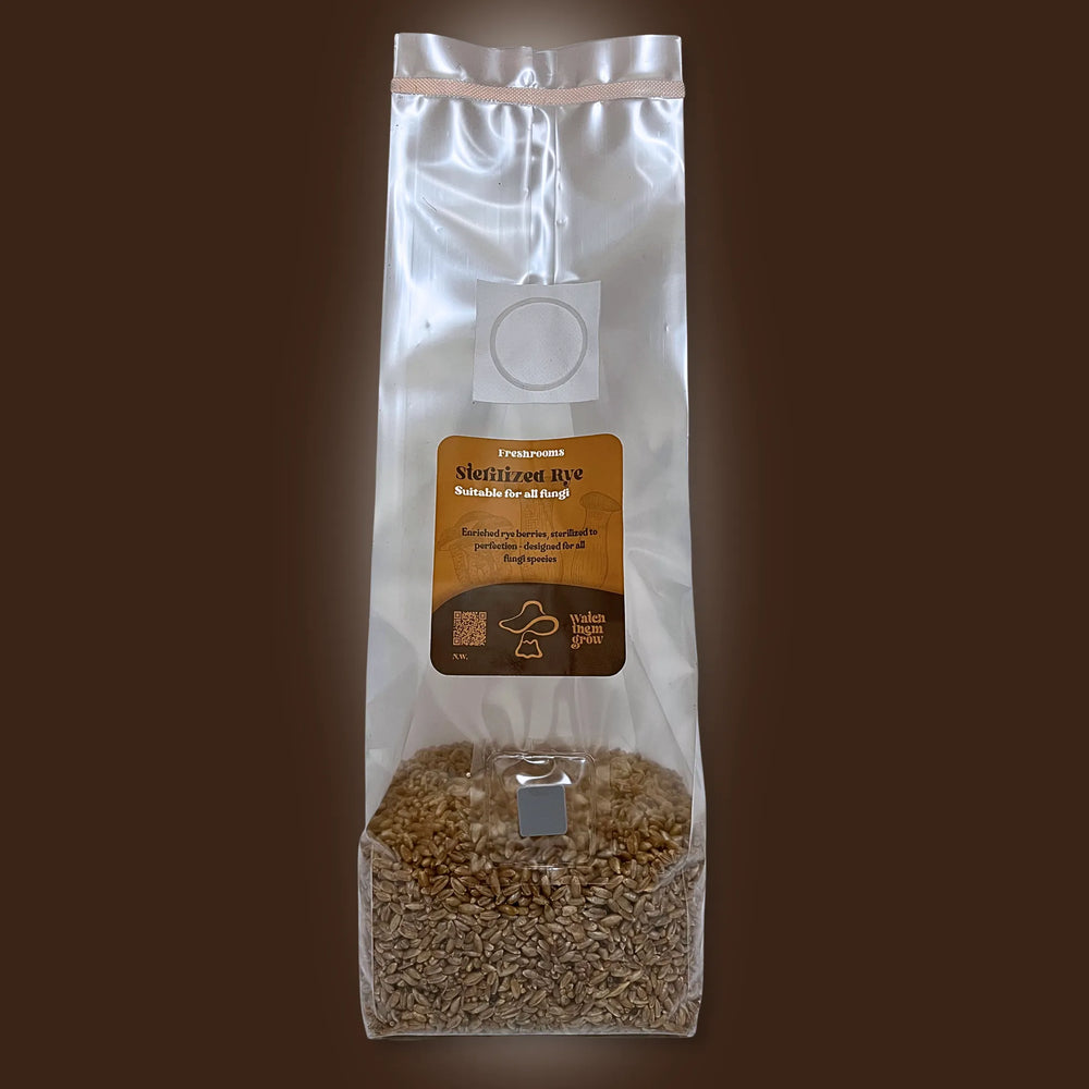 Freshrooms sterilized rye grain spawn bag with self-healing injection port and filter patch