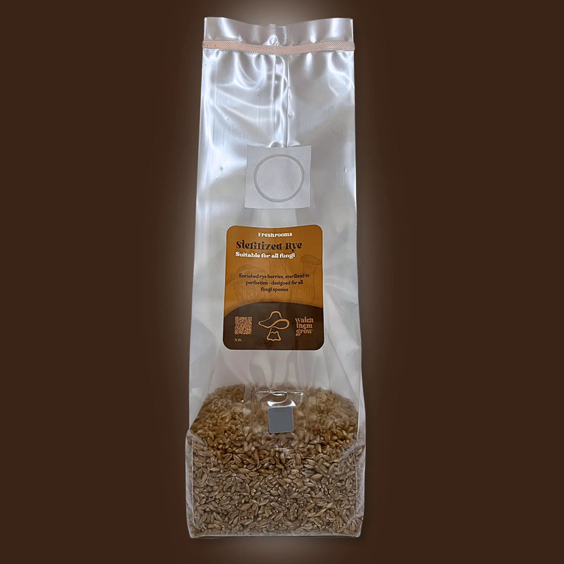 Freshrooms sterilized rye grain spawn bag with self-healing injection port and filter patch