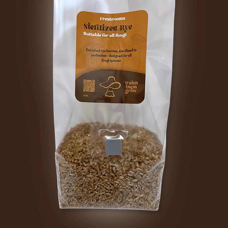 Freshrooms sterilized rye grain spawn label, suitable for all fungi species
